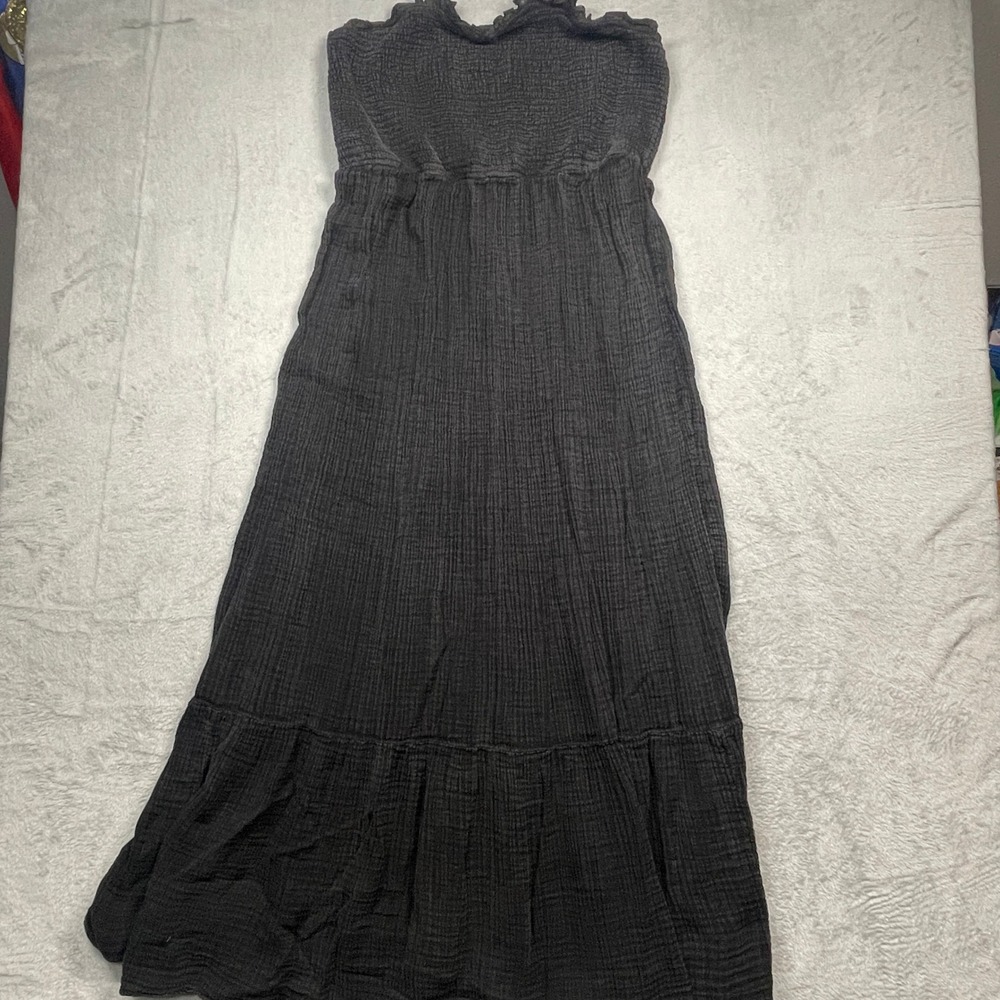 Anthropologie Dress Women XL Charcoal Grey Strapless Smocked Gauze Maxi Tiered